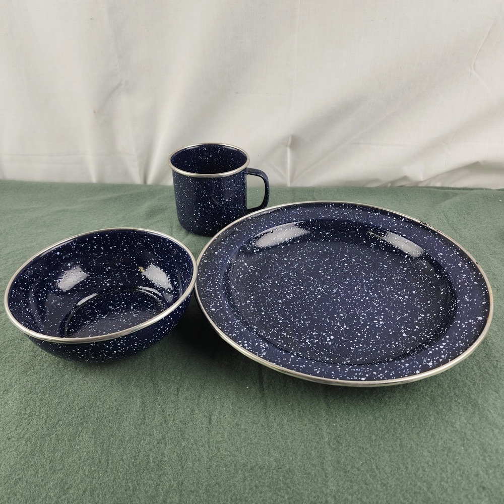 Vtg Dinnerware Set Includes 1 Cup 1 Bowl 1 Plate Enamelware Blue Camping Coleman